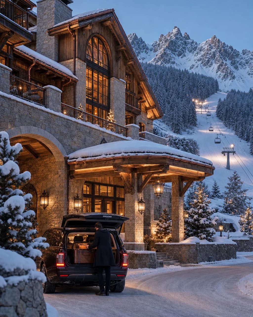 Alpine hotel arrival entrance in winter