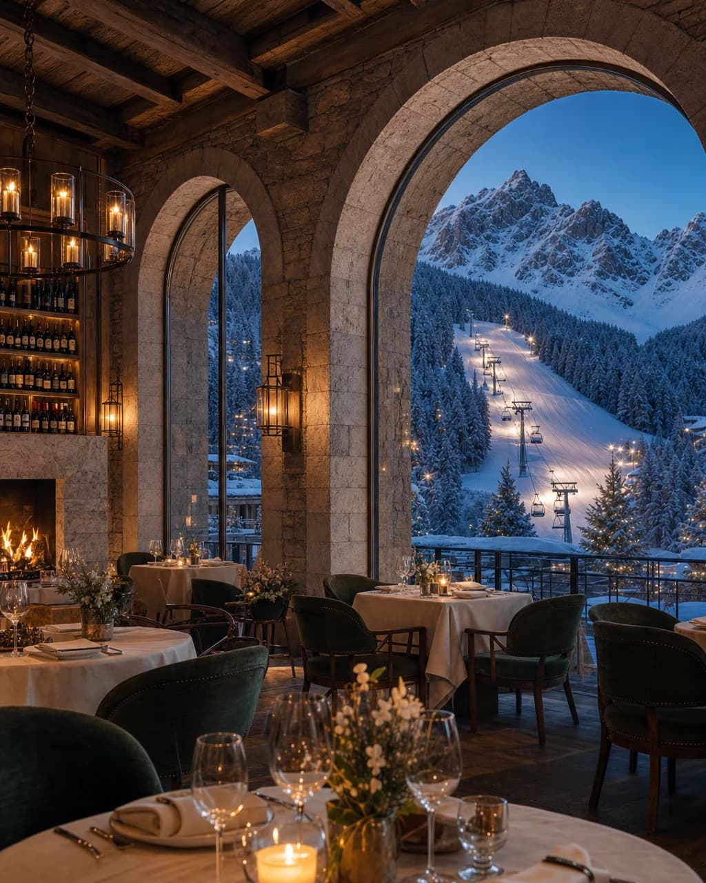 Alpine hotel restaurant overlooking the ski slope