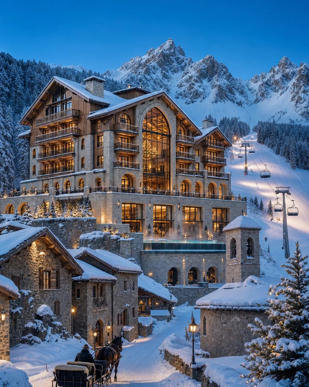 Winter alpine hotel in a snowy village beside illuminated ski lifts
