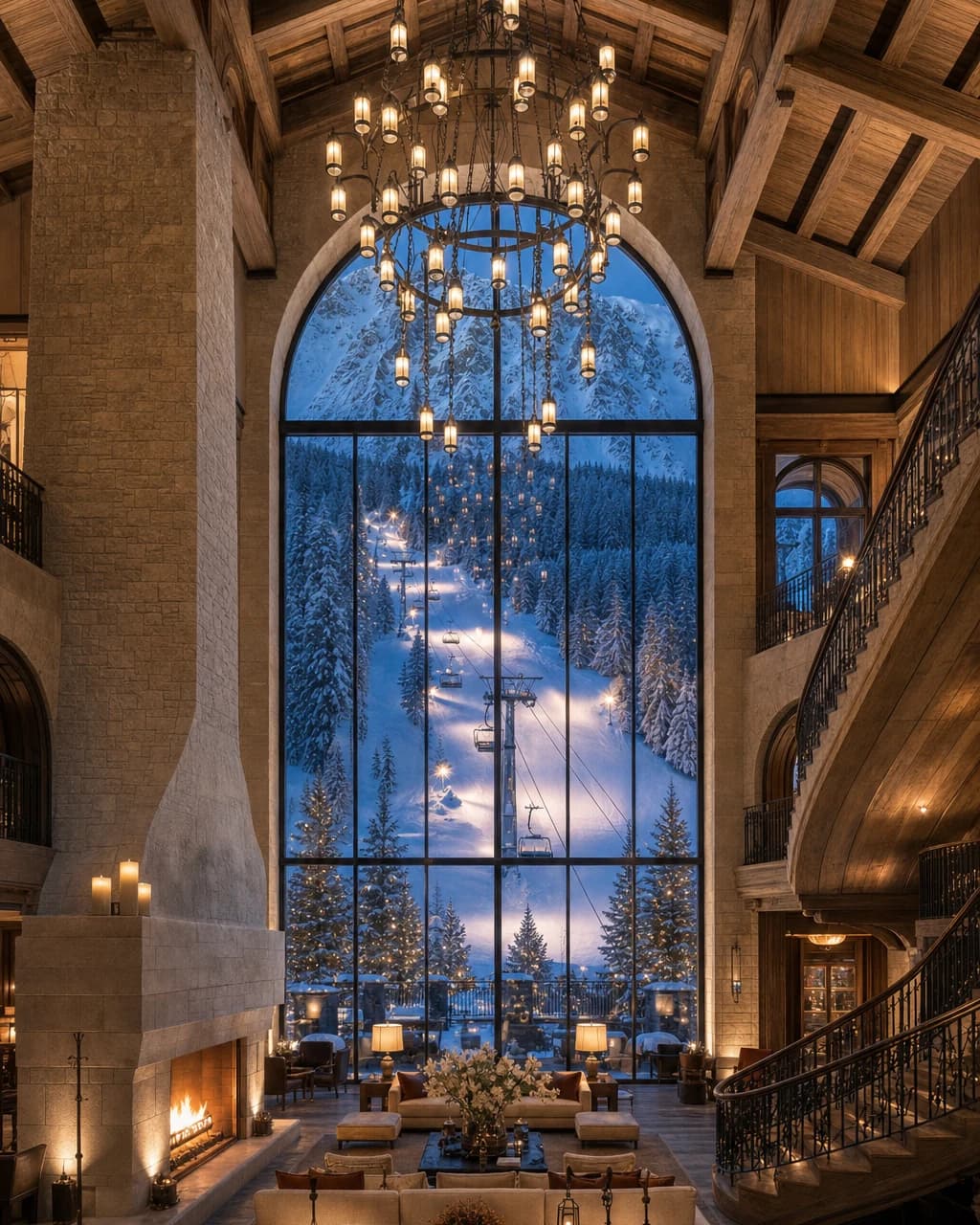 Grand alpine hotel lounge with mountain view