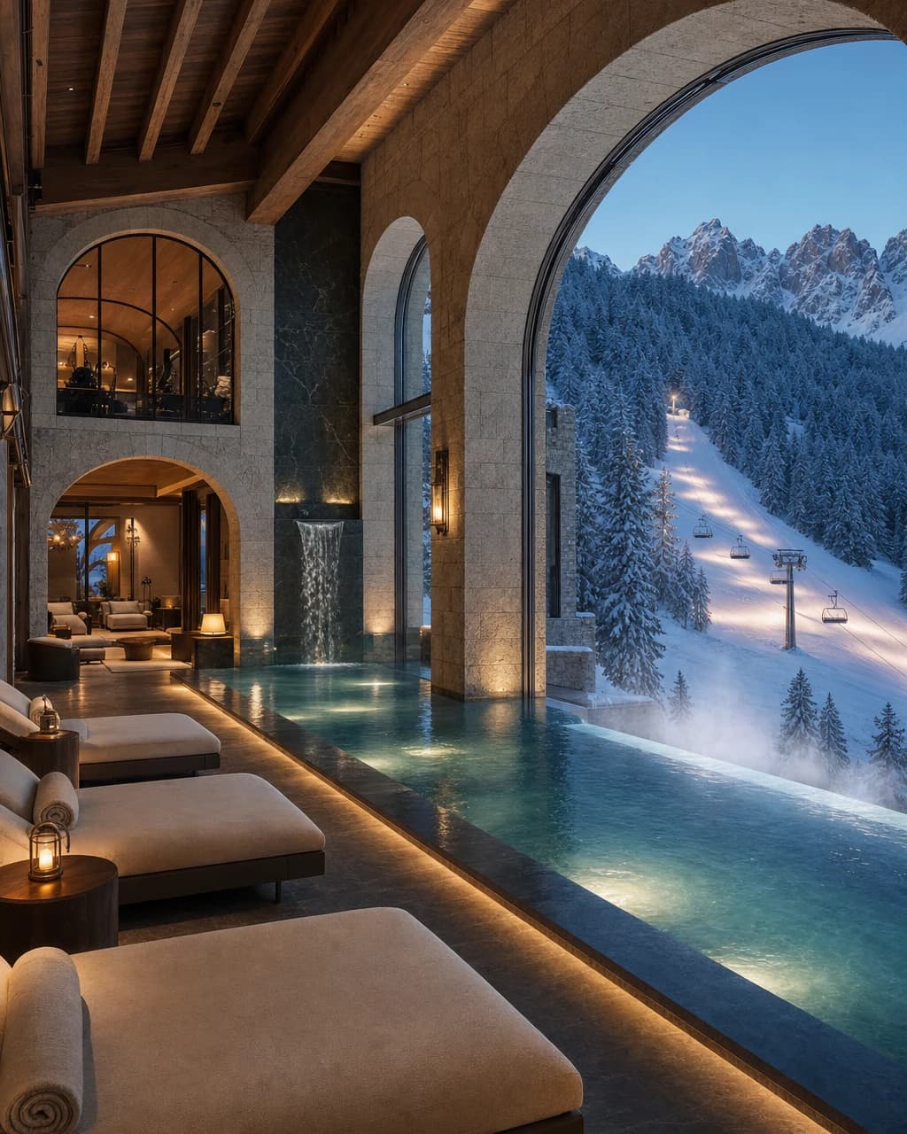 Alpine hotel spa without guests, overlooking a snowy ski slope
