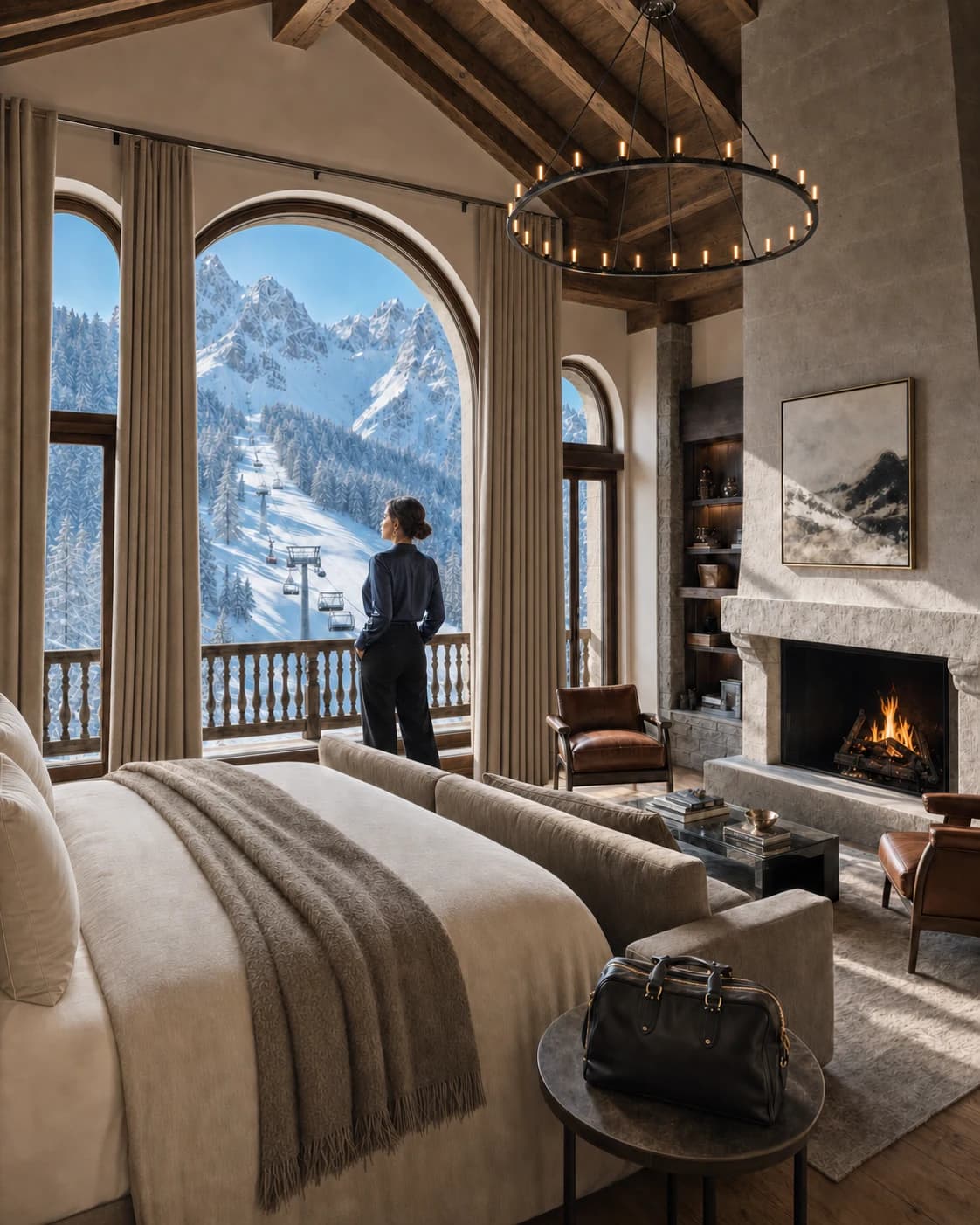 Guest enjoying the view from an alpine suite