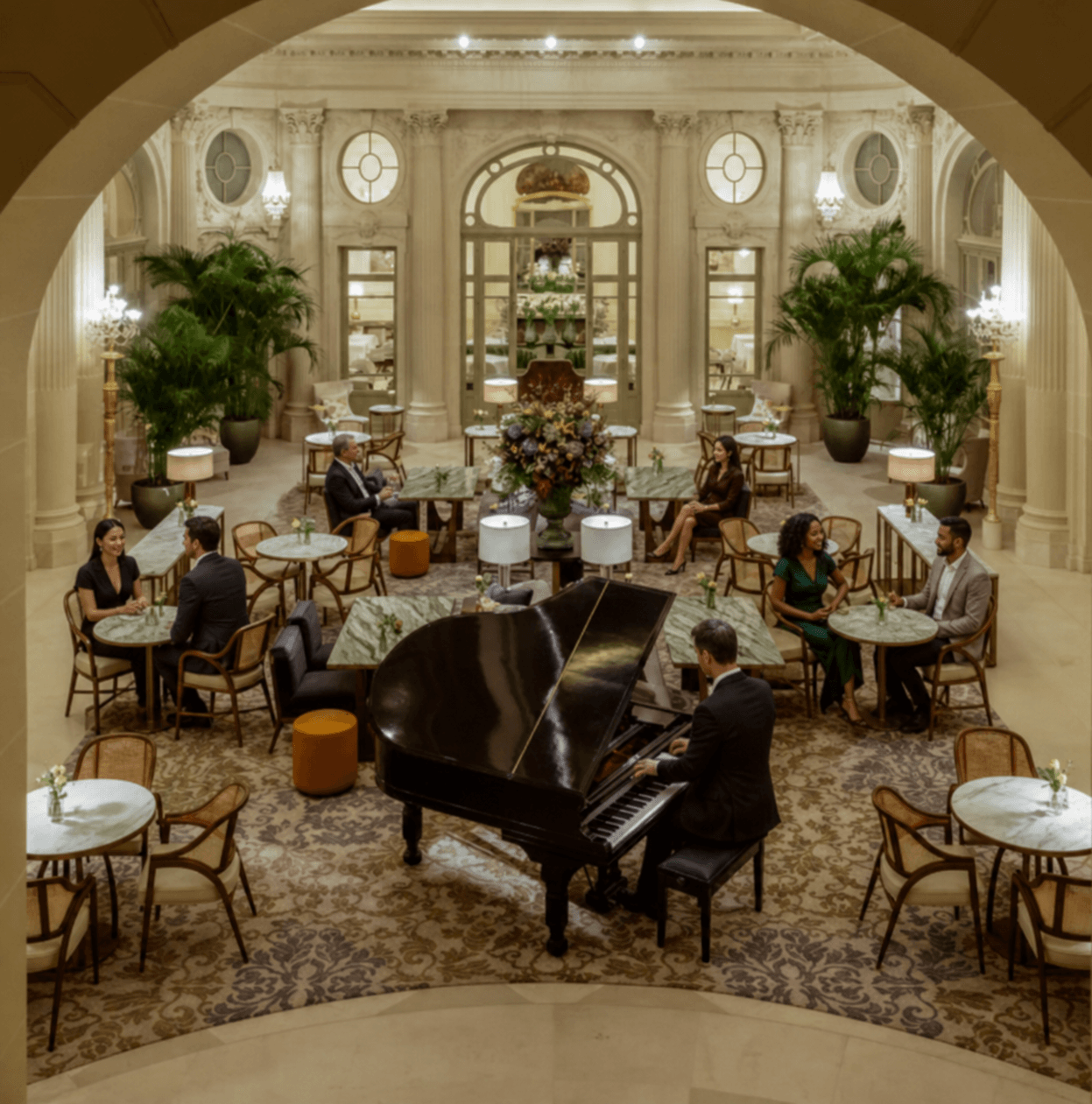Guests gathered around a grand piano in a luxury hotel salon