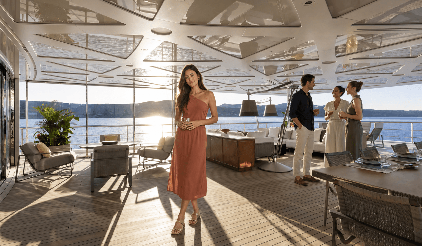 Guests enjoying an aperitivo on a yacht at golden hour