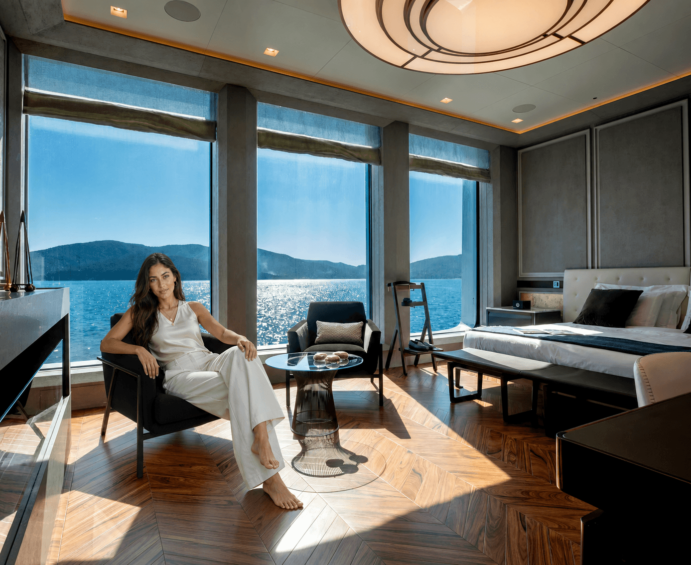 Guests relaxing in a contemporary yacht owner suite