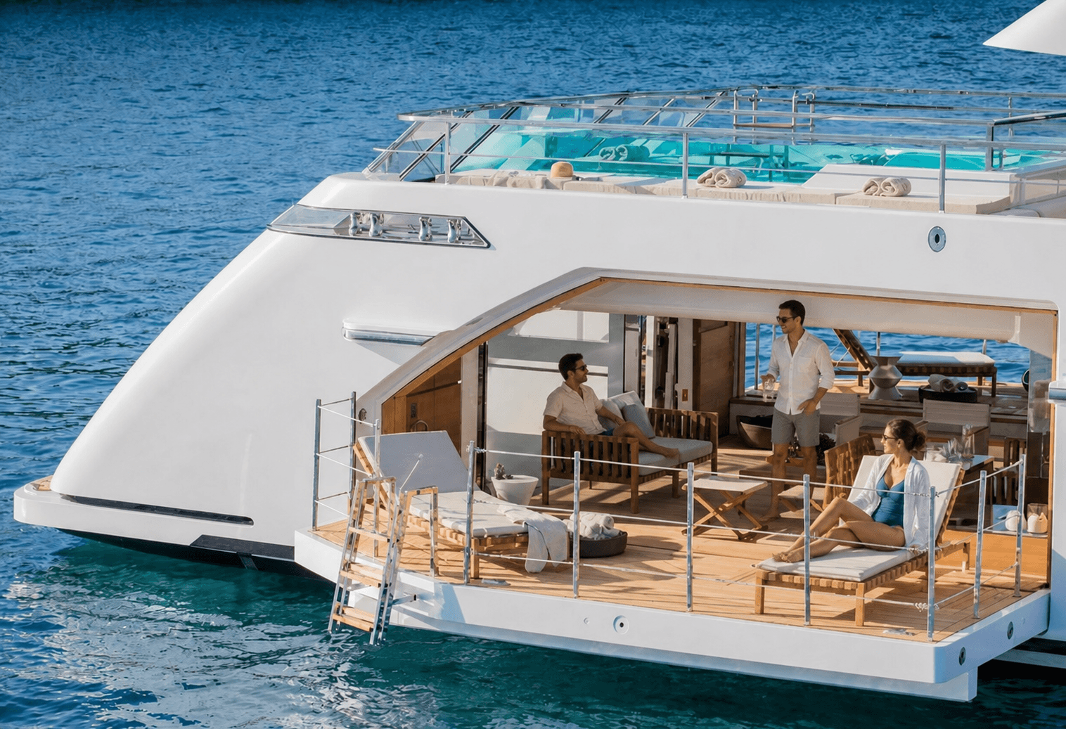 Yacht stern beach club open to the water